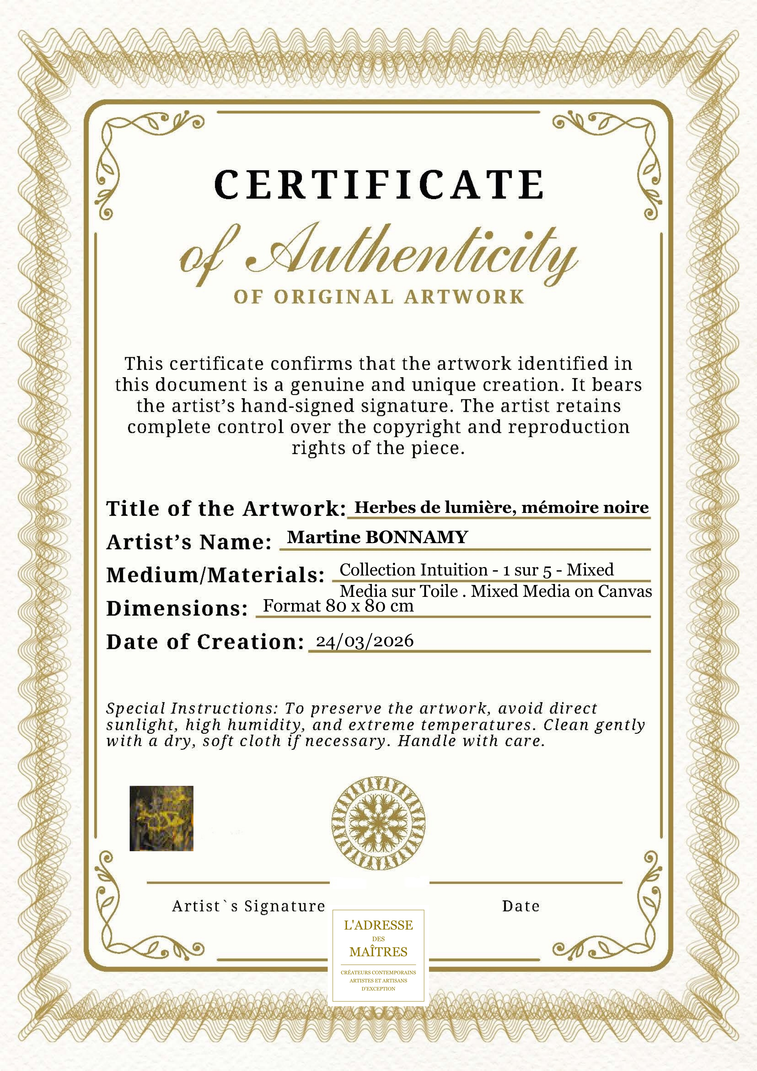 Certificat Authenticite - Martine BONNAMY